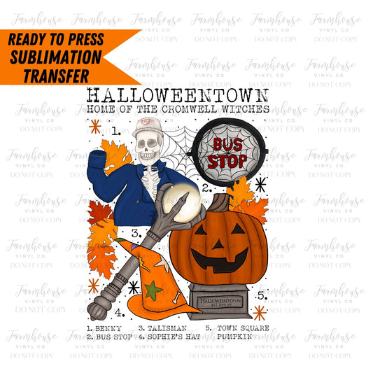 Halloween Town Chart, Ready to Press Sublimation Transfer, Sublimation Transfers, Heat Transfer, Halloween Shirt Transfer, University Design