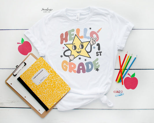 Hello First Grade Retro Star Shirt / Educator Staff Shirts / Teacher Gift / Matching Teacher Shirts / First Day School T / Kid School Shirt - Farmhouse Vinyl Co