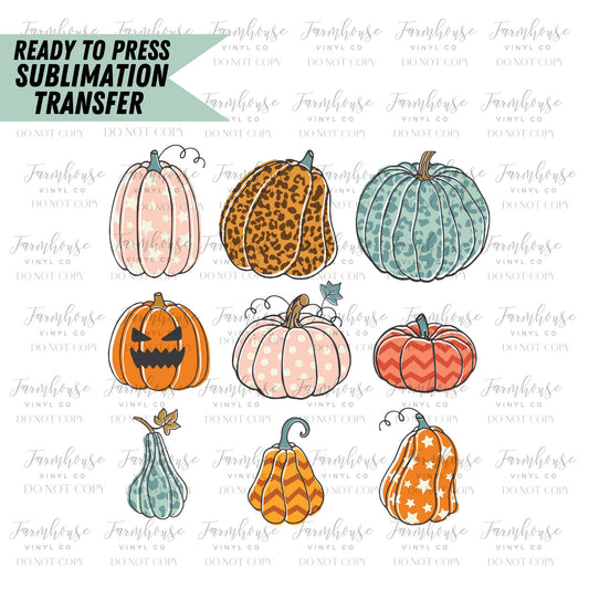 Pumpkin Variety Designs, Ready to Press Sublimation Transfers, Sublimation design, Trick or Treat, Leopard Teal Pumpkin, Fall Lover