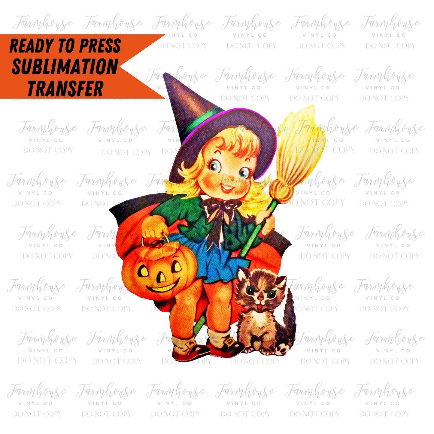 Vintage Halloween Girl Witch Designs, Ready to Press Sublimation Transfers, Sublimation design, Trick or Treat, 50's Halloween Design, Witch
