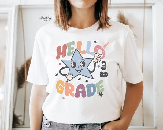 Hello Third Grade Retro Star Shirt / Educator Staff Shirts / Teacher Gift / Matching Teacher Shirts / First Day School T / Kid School Shirt - Farmhouse Vinyl Co