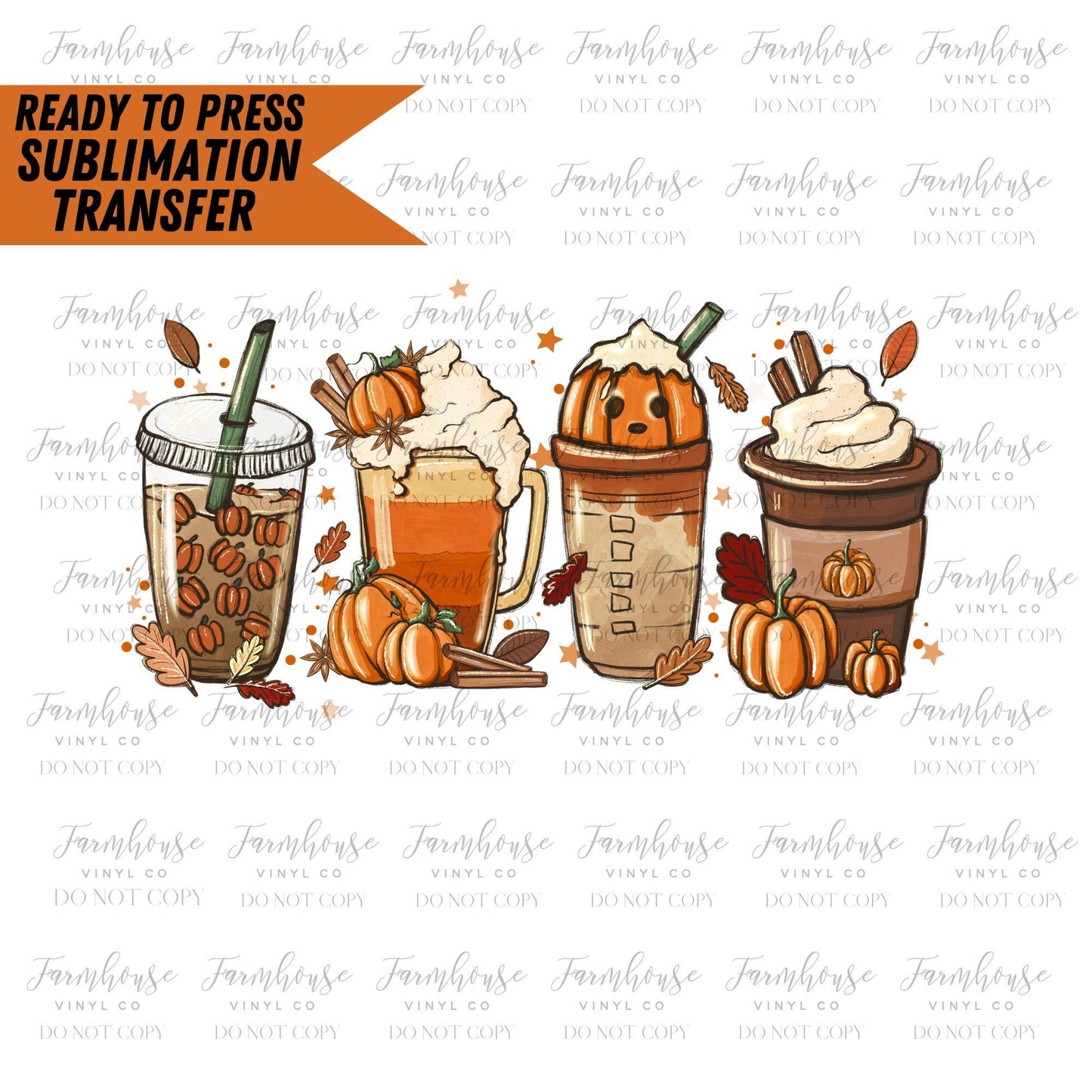 Fall Coffee Sublimation Transfer, Ready to Press, Pumpkin Spice Latte Iced, Warm Cozy, Autumn Orange, Sublimation design, Graphic Design