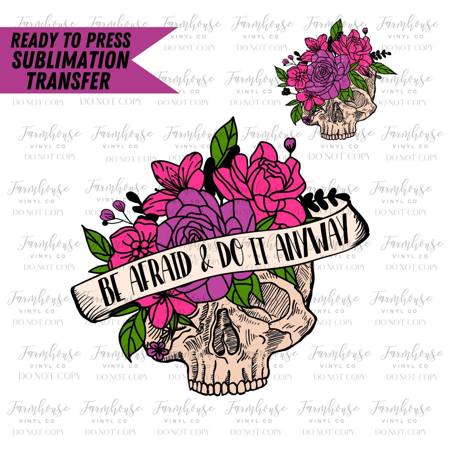 Be Scared & Do it Anyway, Ready To Press Sublimation Transfers, Floral Skull, Pocket Design, Sublimation Prints, Motivational Design Print