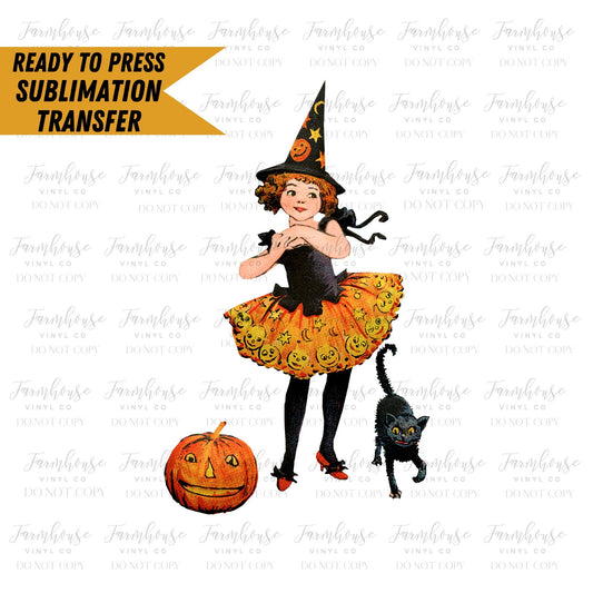 Vintage Halloween Girl Witch Designs, Ready to Press Sublimation Transfers, Sublimation design, Trick or Treat, 50's Halloween Design, Witch